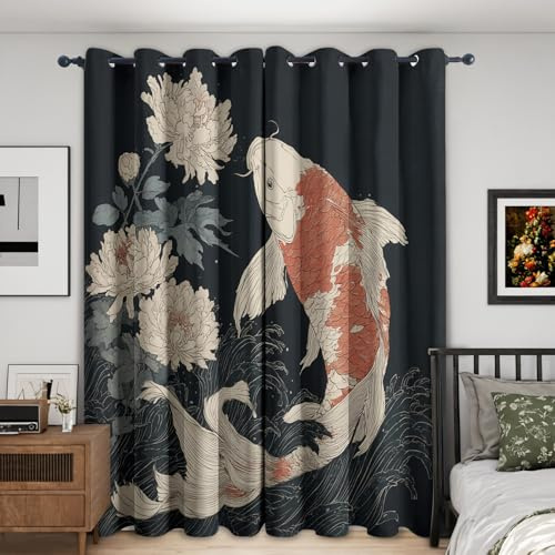 zcwl Rideau Occultant Fleur De Poisson Koi, Japonais Motif Rideaux Thermiques à Oeillets, Rideaux Imprimé pour Salon Chambre Fenetre Moderne Décoration, 140x240 cm (L x H), Lot de 2