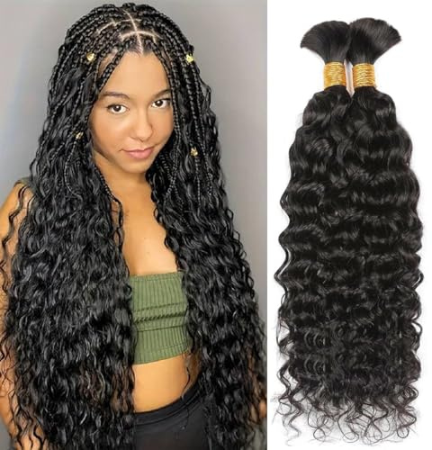 Yuefer Braiding Hair for Boho Braids 16 Inch 12A Water Wave Bulk Brazilian Virgin Human Hair Extensions No Weft 2 Bundles/Pack 100g Natural Color (1B)