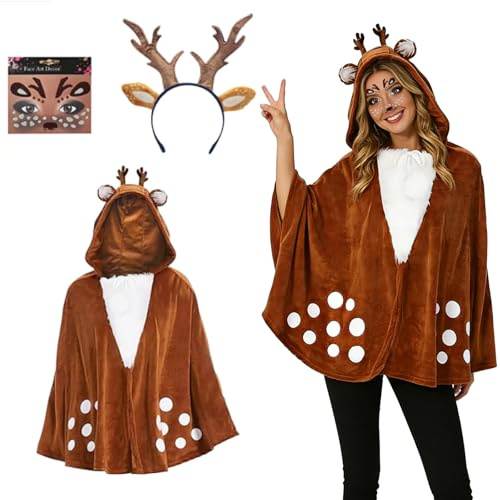 TIEBLU Rentier Kostüm Erwachsene Set, Rentier Umhang mit Kapuze, Rentiergeweih Haarreifen mit Ohren, Glitzer Gesichtssticker, Karnevalskostüme Damen für Fasching Weihnachten Motto Party