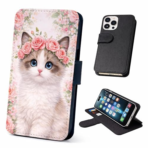 Speaking of Gifts Adorable Kitten Wallet Phone Case Flip Cover Compatible with iPhone SE 7 8 X XR 11 12 13 14 15 16 17 Plus Mini Pro Max – Cute Cat Design, Faux Leather Animal Cats Roses Case