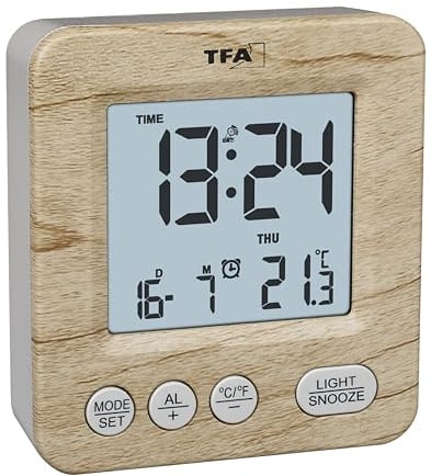 TFA Dostmann Sveglia digitale radio-controllata con effetto legno, 60.2567, orologio, sveglia viaggio, giorno della settimana e data, allarme, con fusi orari, alimentazione a batteria, legno, marrone