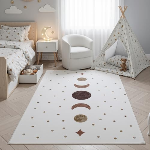 SIMPEX Kinderteppich Mondphasen für Kinderzimmer in Creme mit Boho Design Größe 160x230 cm perfekt für große Kinderzimmer
