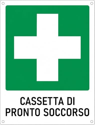 AIESI® Cartello Segnaletico “Cassetta di Pronto Soccorso” in alluminio 16x21 cm con fori per fissaggio a parete