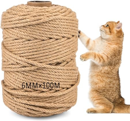 100m Cuerda de Sisal, 6mm Cuerda de Yute para Rascador de Gatos | Cuerda Sisal para Reemplazo de Árboles de Rascador, Embalaje, Decoración, Jardinería, Fotos, Regalos, Manualidades