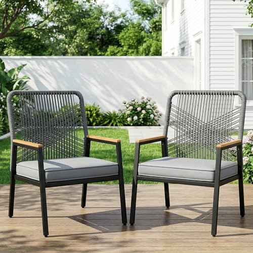 Clevich Gartenstuhl 2er Set, Gartensessel aus Korbgeflecht, Balkonstühle Metall und Rattan, mit 8 cm dicken Sitzkissen, Sturdy Metal Frame & WPC Armrest, für Terrasse, Garten und Veranda, Grau