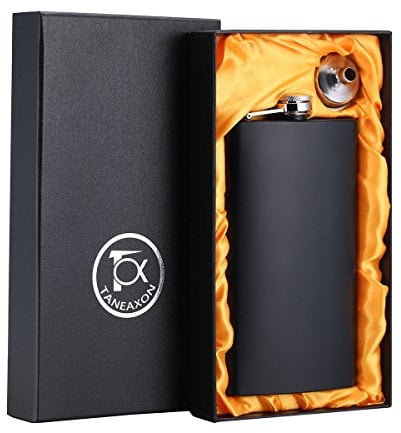 TANEAXON Flasque à whisky de poche en acier inoxydable avec entonnoir et boîte de qualité supérieure Noir mat 340 ml