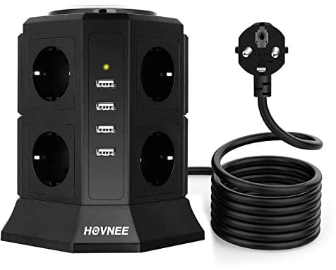 HOVNEE Tour Multiprise à 8 Prises pour Barrette d'alimentation (2500 W / 10 A) avec 4 Ports de Charge USB (5 V / 4,5 A), Parasurtenseur Tour avec 2,0m câble, Noir