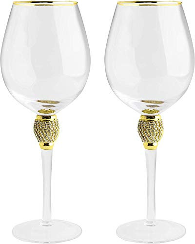 The Wine Savant Large Diamond Wine Glasses, Gold Rim Rhinestone Diamond Glasses - Wedding Glasses - 15 Ounce, Premium Designed Wine Glasses for Spirits and Wine, Gift Boxed (2, Clear)
