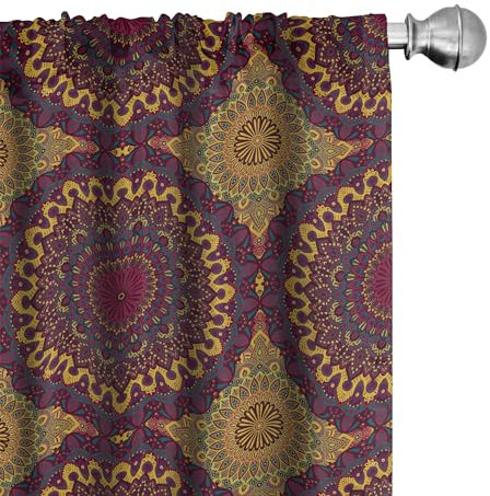 ABAKUHAUS marokkanisch Vorhänge, Gardinen, Tribal Art Mandala, Fensterbehandlungen für Wohnzimmer Schlafzimmer Dekor, 2 Stück 75 cm b x 175 cm h, Plum Petrol Blau Gelb