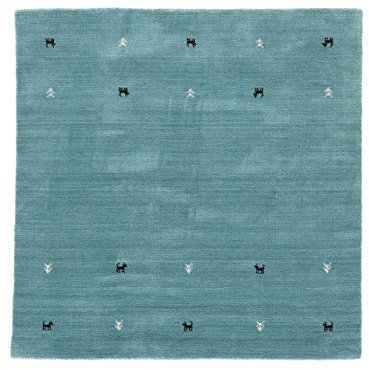 carpetfine Wollteppich Gabbeh Uni Quadratisch Türkis 200x200 cm | Moderner Teppich für Wohn- und Schlafzimmer