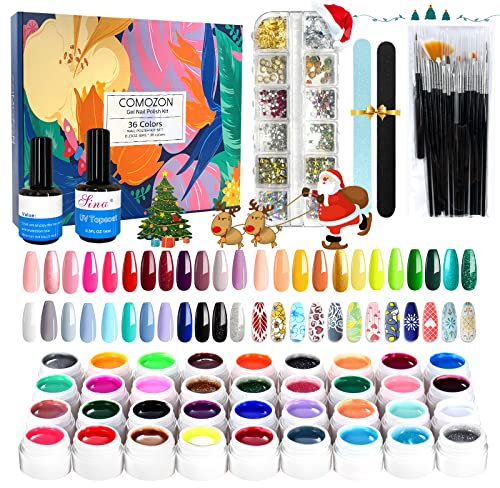Comozon Gel Nail Polish Kit - 36 Mix Colors With 15 Painting Brushes, UV Polish Set, Top Base Coat, Strips for Nail Art Design