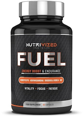 Nutrivized Fuel for Maximum Energy - Ashwagandha & Cordyceps Mushroom, Endurance, Focus and Clarity + Green Tea Extract - Rhodiola Rosea - Vitamin B12 – Vegan 90 Capsules - Made in The UK