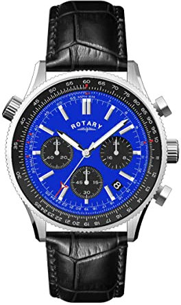Rotary Herren-Chronograph-Uhr, analog, blaues Zifferblatt und schwarzes Lederband GS00165/05