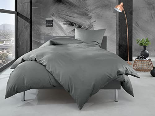 Bettwaesche-mit-Stil Mako Perkal Bettwäsche Uni einfarbig dunkelgrau (Garnitur 200x200 + 2X 80x80 cm)