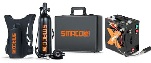 SMACO Mini Botella de Buceo 2L Tanque de Buceo para Buceo en Aguas Poco Profundas Ofrece 25-30 Mins de Respiración Subacuática Juego de Botella de Buceo para Entretenimiento Subacuático, Set-C, Negro