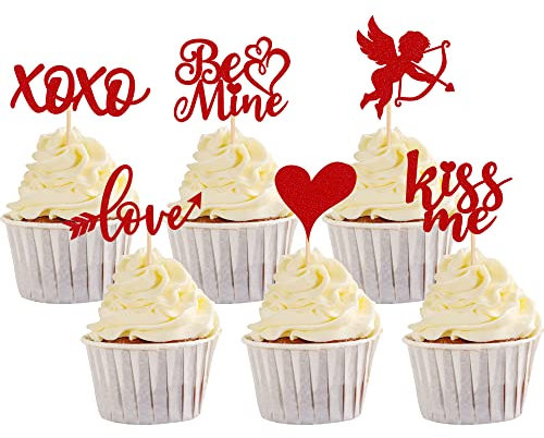 SYKYCTCY 36 Pack Valentine's day Cupcake Toppers Glitter Sweet Love Kiss Me Cupid Be Mine Cupcake Picks Valentine's Day Theme Wedding Bridal Shower Birthday Party Cake Decorations Supplies Red