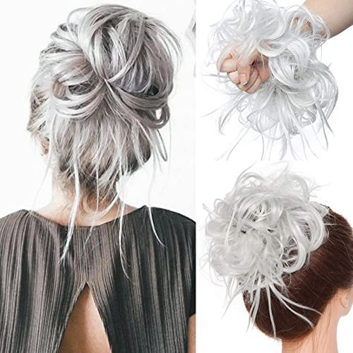 SEGO Haarteil Haargummi Messy Bun Extensions Dutt Scrunchie Hochsteckfrisuren Haarverlängerung Gelockt lockig Unordentlich 45g Silber-Grau