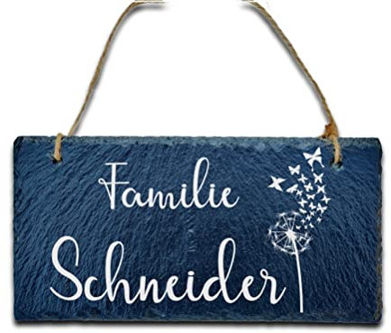 Türschild Familie, mit Gravur aus Schiefer, Schmetetrlingdesign, Willkommensschild für die Wohnung inkl. Wunschnamen, personalisiertes Namensschild auf Schiefertafel mit Kordel für Dein Eigenheim