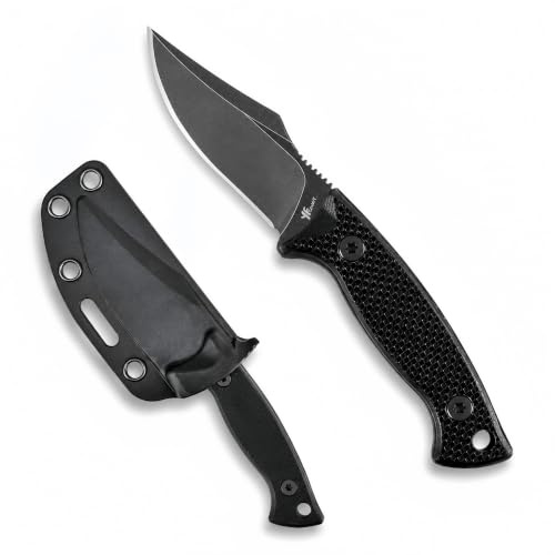 YF SMART Kompaktes 2,4-Zoll-Jagdmesser mit feststehender Klinge, dunkles Stonewash-Finish, K-Scheide, Gürtelhalterung, hochwertige G-10-Griffschalen für Camping, Jagd, EDC-Messer (Schwarz)