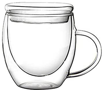 MISNOde Tazas de Café de Vidrio de Doble Pared con Asa, Taza de Café, Taza de Café de Vidrio de Borosilicato Transparente, Perfecta para Capuchino, Café con Leche,(3.5 * 3.3 * 2in/Tapa de vidrio)