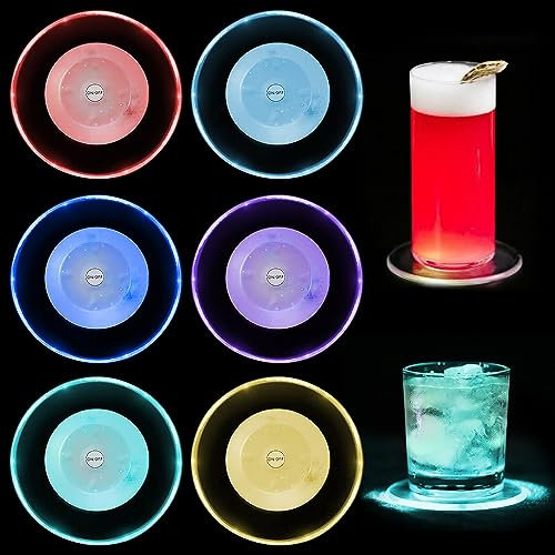 Infreecs 6er Set LED Untersetzer, Leuchtuntersetzer mit 7 Lichtmodi für Gläser, 10cm Bunt Acryl Rund, Wasserdicht Taste Getränke Untersetzer Set für Partys Hochzeiten Bar Weihnachten