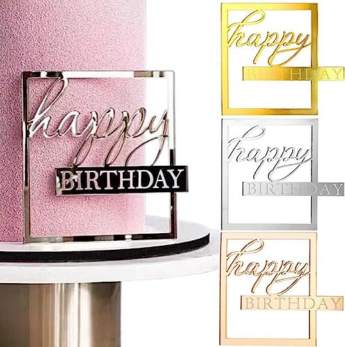 Kryzalite® 3 Stück Happy Birthday-Kuchenaufsätze, Spiegel-Acryl-Randdekoration, um der Geburtstagstorte Glanz zu verleihen, Atmosphäre schaffen (Gold, Silber, Roségold)