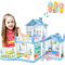 deAO Dollhouse, Puppenhaus Spielzeug-Set, Blau Villa doll house mit 3 Zimmer, 2 Etagen, Freiluftbalkon, 3 Puppen Figuren,17 Möbelstücken und Zubehör,Geschenk für Kinder Mädchen, Liebhaber der Sammlung