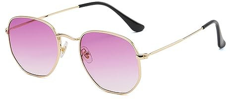 WDZAYXC Mode polygonale Sonnenbrille für Damen und Herren,Leicht Metallrahmen Brille,UV400 Schutz(Gold/Lila)