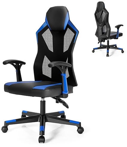 CASART Ergonomic Gaming Chair, Swiveling Computer Chair Video Game Chair with Adjustable Backrest & Armrests, Rolling High-Back Mesh Racing Chair for Home Office (Black+Blue)