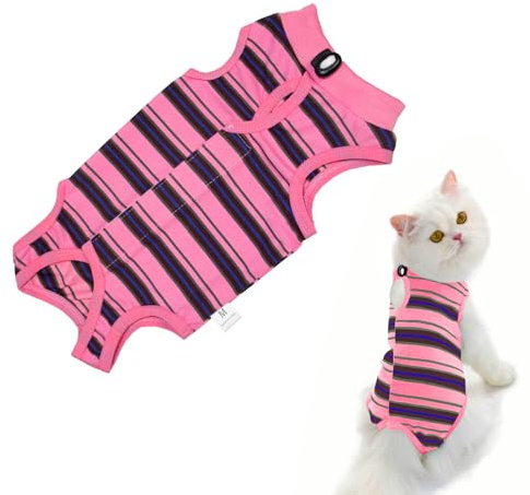 Cat Recovery Suit,Post-Surgery Onesie,E-Collar Alternative,Breathable,Striped-pink,M