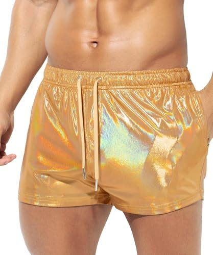 Casey Kevin Metall Shorts Herren Glänzende Kurze Hose Party Gold Silber einseitige See-Through-Effekt Shorts Bar Metallic Pailletten Boxershorts, L