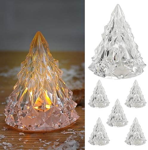 Cepewa LED Tannenbaum 6er Set | Kunststoff batteriebetrieben 6x8x6cm weiß | Leucht-Figur in Kristalloptik