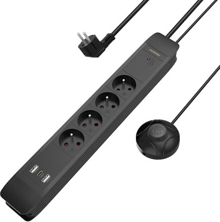 Multiprise avec Interrupteur pour Pied, 4 Prises, USB-A/C 20W,Multiprise Murale Câble de 1,5m, Noir