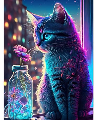 feelive Chat Peinture par Numéro pour Adulte, Kit de Peinture à l'huile sur Toile Bricolage pour Enfant Débutants Avec Pinceau Pigment Acrylique 30x40cm