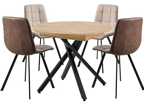 MOMMAHOME® Mesa de Comedor Redonda Extensible + 4 sillas Estilo Industrial Comedor, Mesa Roble con Patas metálicas combinación, Madera y Metal (Tela/Polipiel Marrón)