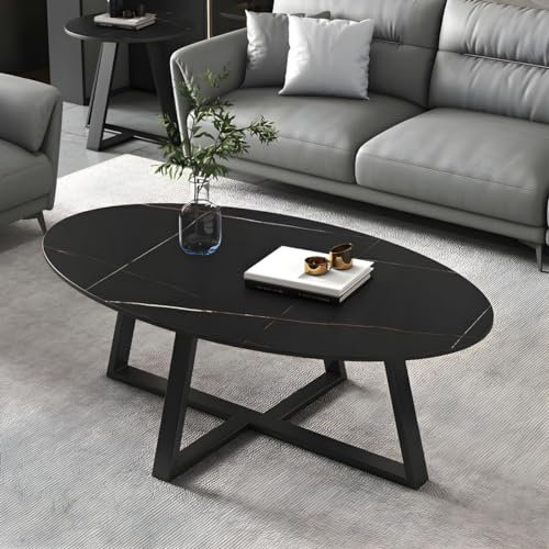 Table basse contemporaine ovale avec plateau en pierre et base croisée, table basse en marbre, petit appartement, table à thé ovale, dessus de table noir, base de table noire 39,5L x 19,5l x 18H