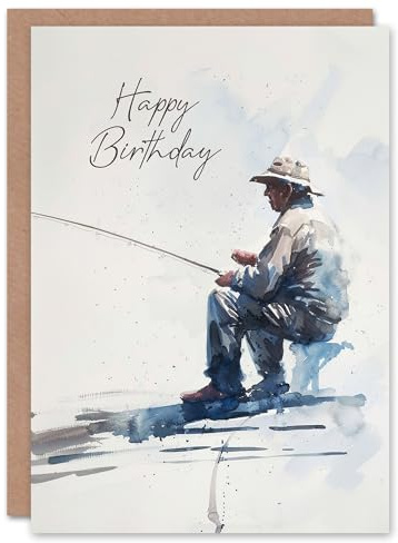 Artery8 Elderly Man Fishing Soft Watercolour Portrait For Him Man Birthday Card