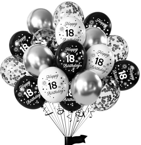 Yiran Luftballons 18 Geburtstag Junge Mädchen, 16 Stück Deko 18. Geburtstag Luftballons Schwarz Weiß Silber, 12 Zoll Happy Birthday Deko Balloons, Schwarz Luftballons 18. Geburtstag Party Deko