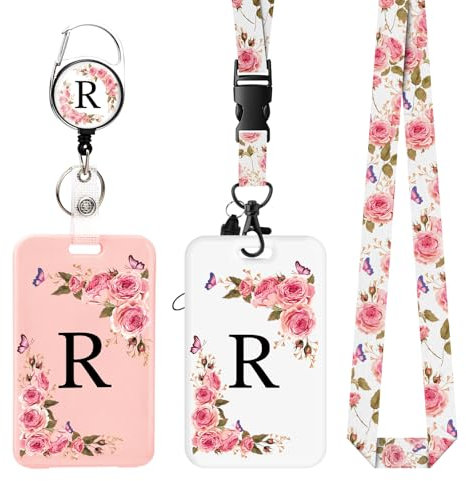 2 pièces Porte Badge avec Lettres A-Z, Lanière Détachable et Clip Rétractable, Porte Cartes Personnalisé avec Enrouleurs de Badge pour Femmes Infirmières Enseignants Étudiants Bureau (R)