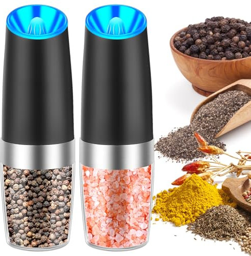 Gravity Electric Salt and Pepper Grinder Set, Automatic Spices Mill with LED Blue Light, Adjustable Coarseness, One Hand Operation Salt Grinder for Kitchen Restaurant Outdoor (2 Packs, Black)