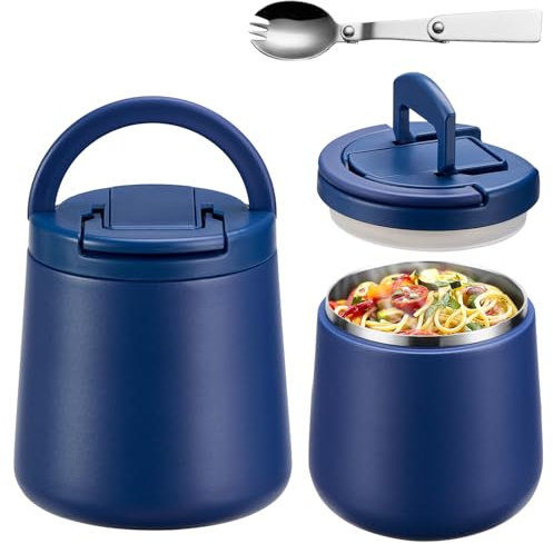 Itslife Thermobehälter für Essen 600ml, Warmhaltebehälter Essen Edelstahl mit Schnallendeckel und Löffel, Thermo Lunchbox Kinder Auslaufsicher, Essensbehälter für Picknick, Schulen und Büros, Blau