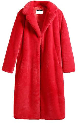 Fellmantel Damen Women's Faux Reversible Coat Open Front Long Lapel Cardigan Jacket Warm Winter Faux Fleece Outwear Daunenmantel Damen Winter Puffer Jacket Women (Red, L)