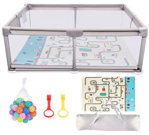 Laufstall Baby 180x200cm, Laufgitter Baby mit Matratze, Playpen aus 600D Oxford Gewebe und Edelstahl, Laufgitter mit Atmungsaktivem Netz und 50 Bälle Bunt, Grau