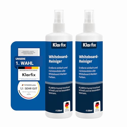 Klarfix Whiteboard-Reiniger für Flipcharts, Magnettafeln, Planungstafeln & Whiteboards | Entfernt Marker- & Stift-Rückstände rückstandslos | Schnelltrocknend | Made in Germany (2x 250ml)