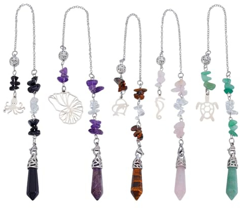 AHANDMAKER 5 Stück Pendel Aus Natürlichen Edelsteinen 5 Stile Kristall Radiä Pendel Reiki Chips Facettierter Spitzer Spiritueller Anhänger Für Wahrsagerei Wicca Meditation 275mm