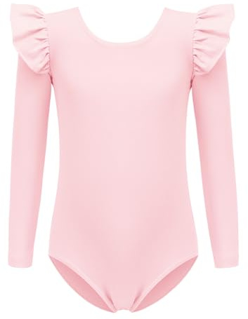Arshiner Body da ginnastica Balletto con maniche a palloncino per bambine,Leotard Jumpsuit Body da Ballo Ballerina a maniche lunghe per danza, completo da ginnastica per bambine,rosa, 140, 5-6 anni