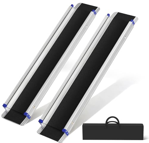 2Pcs Telescopic Wheelchair Ramps, 5Ft - 154L x 20W Aluminum Portable Ramps for Wheelchair up to 270 kg, with Carrying Bag, Non-skid Surface & Transition Plate, for for Home Front Door Stair Steps