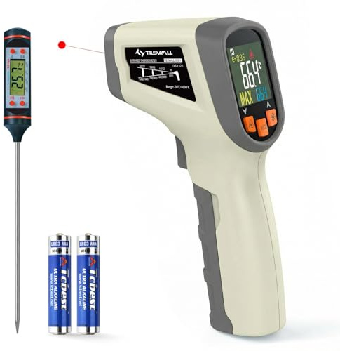 Tilswall Thermomètre Infrarouge Laser Numérique Sans Contact | -50°C ~ 600°C(-58°F~1112°F), Emissivité Réglable, Idéal pour Cuisine, Barbecue, Four, Frigo Professionnel, Pizza, Viande-W301