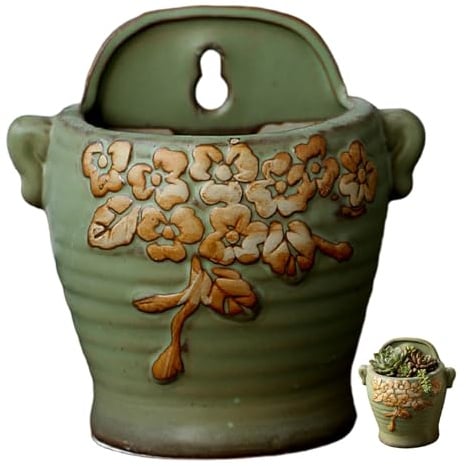 Monwssoe Jardinière Murale en céramique Vintage, jardinière Suspendue Murale Verte avec Design rétro pour Plantes intérieures et extérieures, Petit Support de Pot de Fleurs succulentes