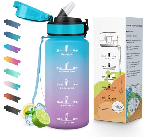Mulbijeo Gourde avec Paille, 500ml en Plastique, Gourde Sport, Anti-Fuite BPA Free, Bouteille d’Eau, Large Ouverture & Dragonne, Gourdes Graduée pour 1 Journée, Idéale pour Fitness, École, Bureau